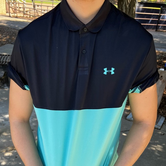 UNDER ARMOUR MEN PERFORMANCE COLORBLOCK POLO SHIRT TENNIS UNIFORM TIFFANY BLUE L - Picture 3 of 16